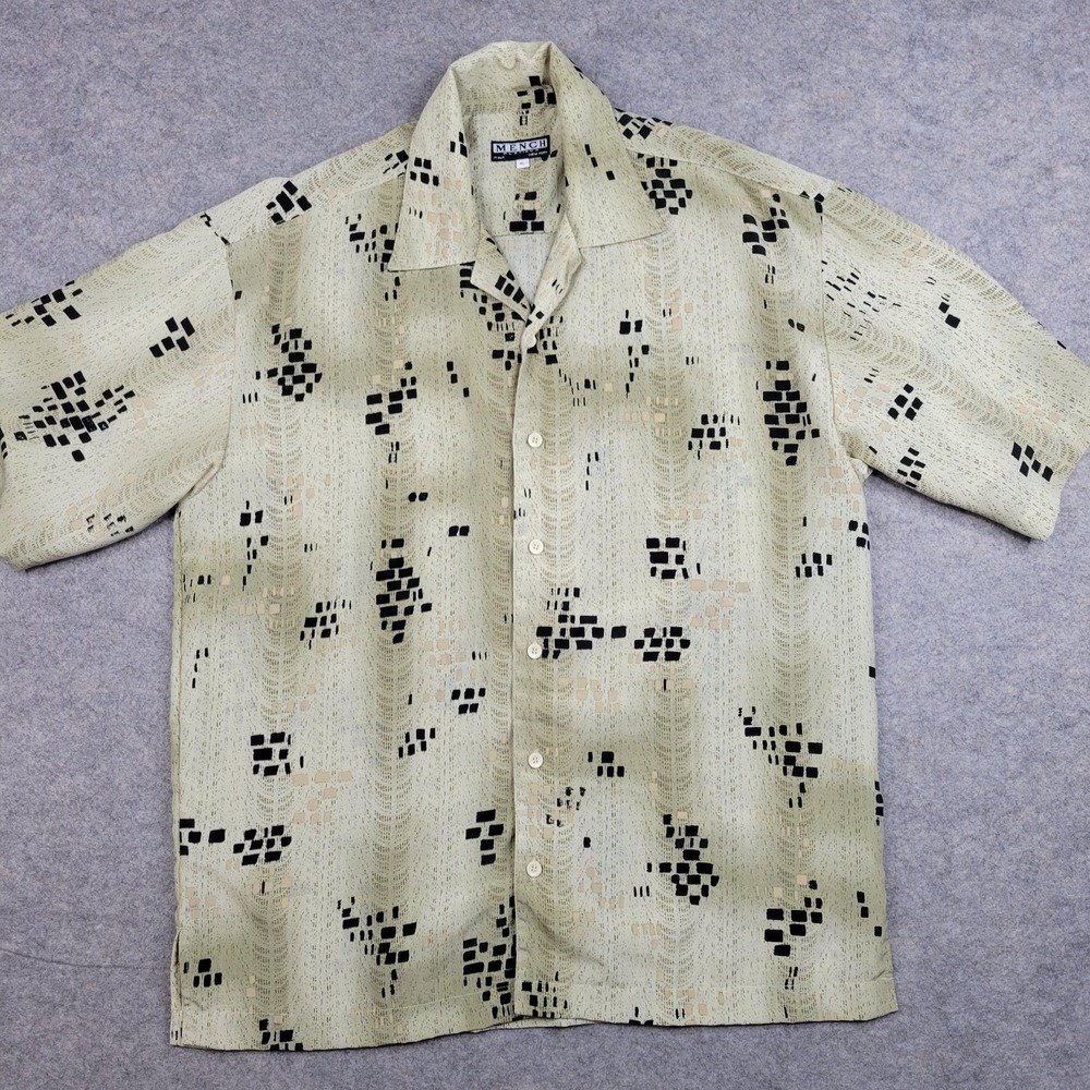 Mench Platinum Shirt Mens XL Beige Geometric Button Front Short Sleeve Casual